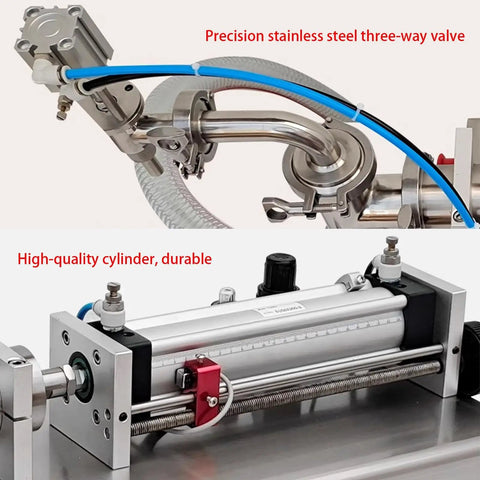 Precision stainless steel three-way valve and high-quality cylinder of Heavy Duty Horizontal Pneumatic Liquid Filling Machine.