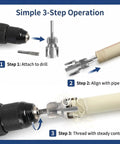 Drill Powered PVC Pipe Threader Kit One Half Three Quarters One Inch Two In One Internal And External Thread Maker for PVC and Plastic Water Pipes DIY Plumbing Tap and Die Set Pro Grade, demonstrating 3-step operation.