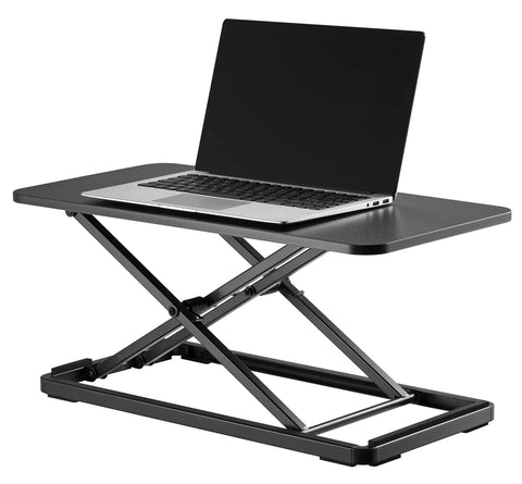 Ultra Slim 24 Inch Laptop Keyboard And Mouse Stand With Sit Stand Adjustable Riser for Standing Desks holding a laptop