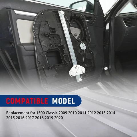 Rear Left Window Regulator Without Motor for Ram 1500 Classic Driver Side Replacement Fits 2009 2010 2011 2012 2013 2014 2015 2016 2017 2018 2019 2020 Easy Install Smooth Power Window Lift shown installed on car door.