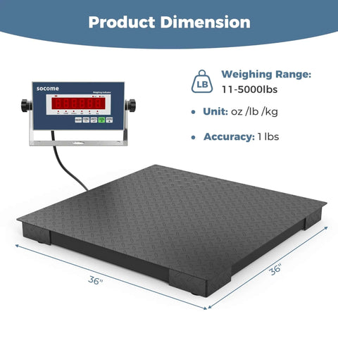Heavy Duty 36 By 36 Inch Industrial Floor Scale With Digital Indicator, 5000 Lb Capacity, Durable Carbon Steel Platform, Diamond Plate Surface