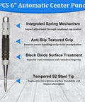 Solid Performer Automatic Center Punch Set With Six And Five Inch Bodies Plus Extra Pins For Knock Out Marks On Metal Wood And Concrete Heavy Duty Strike Tool That Works Like A Champ, 6 inch automatic center punch with anti-slip grip.