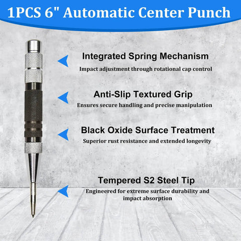 Solid Performer Automatic Center Punch Set With Six And Five Inch Bodies Plus Extra Pins For Knock Out Marks On Metal Wood And Concrete Heavy Duty Strike Tool That Works Like A Champ, 6 inch automatic center punch with anti-slip grip.