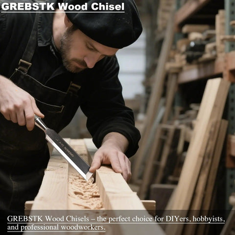 Kickass Four Piece Wood Chisel Set Built From Heavy Duty Chrome Vanadium Steel using a chisel on wood for precise trimming tasks.