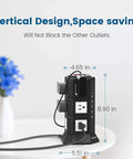 Beefy Heavy Duty Surge Protector Power Strip Tower with size dimensions and cord on a white tabletop, next to a blue vase.