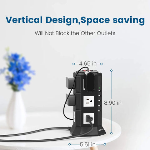 Beefy Heavy Duty Surge Protector Power Strip Tower with size dimensions and cord on a white tabletop, next to a blue vase.