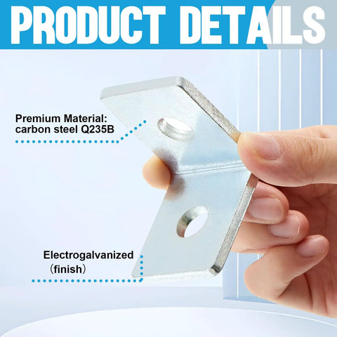 Person holding 20 Piece L Shaped Connector Flat Plate Bracket Set For Half Inch Bolts In One And Five Eighths Inch Strut Channel Electrogalvanized Steel Finish 4.8 Millimeter Thick DIY Heavy Duty Fittings For Home Renovation, showing electrogalvanized finish and Q235B carbon steel material.