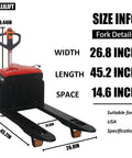 Heavy Duty Electric Pallet Jack With 3300 LB Capacity, Huge 45 By 27 Inch Forks For Easy Warehouse Moving And Logistics Truck Jobs Today, size dimensions shown.