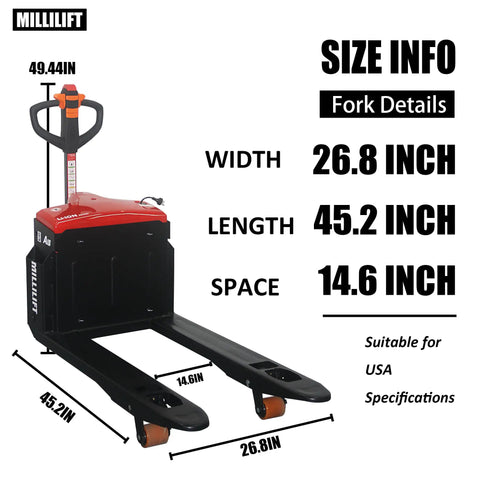 Heavy Duty Electric Pallet Jack With 3300 LB Capacity, Huge 45 By 27 Inch Forks For Easy Warehouse Moving And Logistics Truck Jobs Today, size dimensions shown.