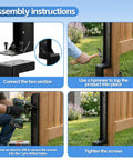 Assembly instructions for Heavy Duty Fence Post Repair Kit For Tilted Or Broken Wood Posts, showing steps with tools and wood fence.