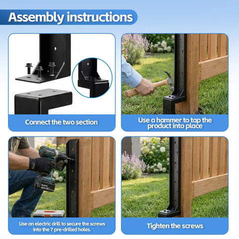 Assembly instructions for Heavy Duty Fence Post Repair Kit For Tilted Or Broken Wood Posts, showing steps with tools and wood fence.
