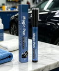 Scratch Repair Pen For Cars And More, Waterproof 5ml Quick Fix in auto repair shop setting, placed next to a car