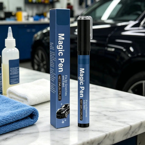 Scratch Repair Pen For Cars And More, Waterproof 5ml Quick Fix in auto repair shop setting, placed next to a car