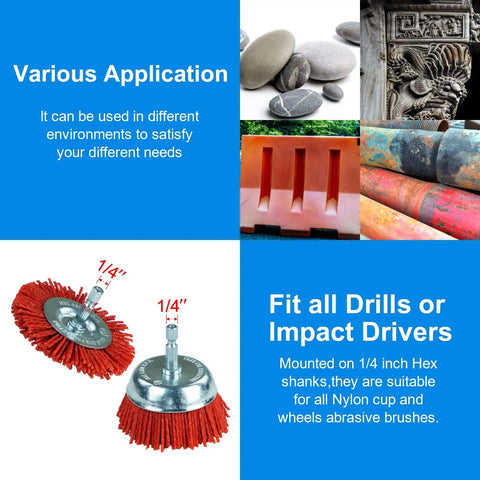 Six Pack Nylon Filament Abrasive Wire Brush Wheel And Cup Brush Set With One Quarter Inch Hex Shank For Rust Removal