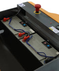 Heavy Duty Full Electric Pallet Stacker And Counterbalanced Forklift battery compartment with wires and controls for 3300 LB capacity.