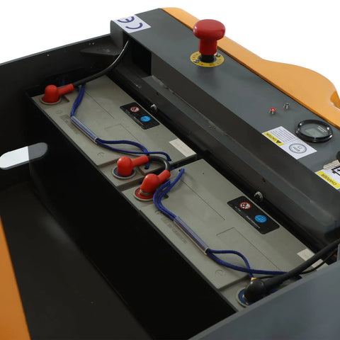 Heavy Duty Full Electric Pallet Stacker And Counterbalanced Forklift battery compartment with wires and controls for 3300 LB capacity.