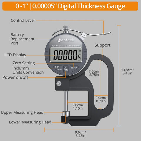 Pro Grade Precision Digital Thickness Gauge With Ultra Precise 0.00005 Inch Resolution All In One 0 to 1 Inch Range LCD Display Inch And Millimeter Conversion One Hand Quick Press Operation For Leather Paper Fabric Film And More