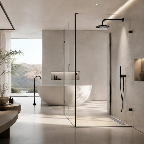 Heavy Duty 304 Stainless Steel Rounded Linear Shower Drain With Reversible Tile Insert Cover in modern bathroom setting.