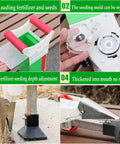 Adjustable Handheld Seed Spreader And Planter For Home Gardens showing features for broadcasting seeds and fertilizer.
