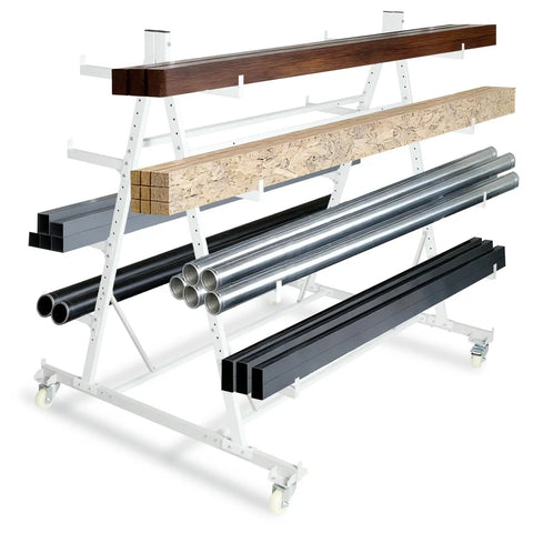 Front view of Beefy Heavy-Duty Rolling Pipe Storage Rack With Wheels, 5-Tier Conduit Organizer Cart For Garage And Warehouse, Pro-Grade Industrial Steel Construction, 2000 Lb Capacity, 56 Inch By 44 Inch By 52 Inch, Casters holding pipes and lumber
