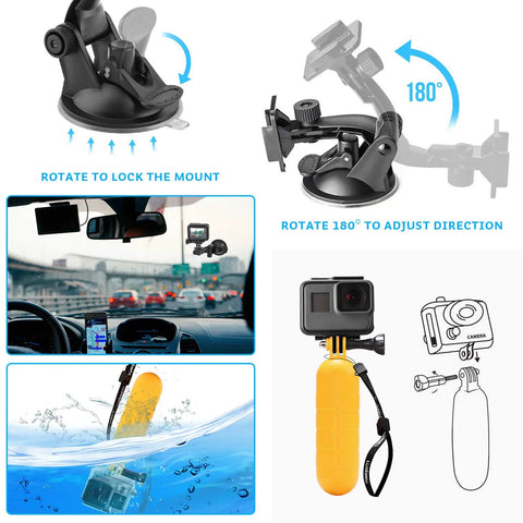 All In One Action Camera Accessory Kit For GoPro And Other Models With adjustable mount and floatation device
