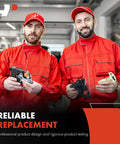 Two technicians holding automotive door lock actuators in a workshop for testing and design, wearing red uniforms.