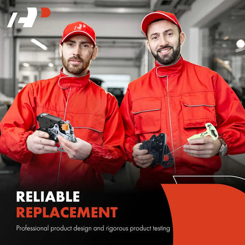 Two technicians holding automotive door lock actuators in a workshop for testing and design, wearing red uniforms.
