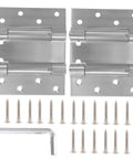 Front view of a pair of double-acting spring door hinges in stainless steel with mounting screws and an Allen key.