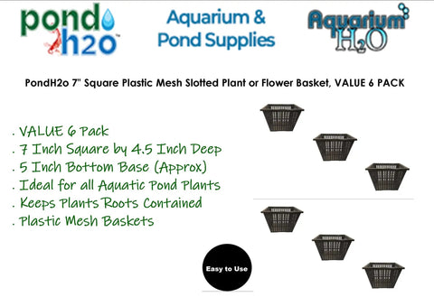Image of Square 7 Inch Plastic Slotted Mesh Baskets For Water Garden Ponds And Aquatic Planting That Are Dope For Pond Plants Or Flowers In Aquariums Aquaponics And Hydroponics Value 6 Pack displayed with product features text.