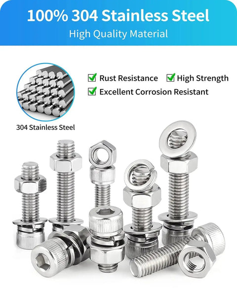 Solid Bad Ass 2000 Piece 304 Stainless Steel Hex Socket Screw Kit M2 M3 M4 M5 Metric Assortment With Nuts Lock Washers Flat Washers Plus Four Allen Wrench Keys For Any Repair Job You Gotta Fix Around House Or Workshop Today. 304 stainless steel screws, nuts and washers