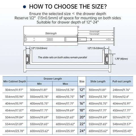 Size chart for selecting No-Fuss Soft-Close Heavy-Duty 12-Inch Drawer Slides with installation dimensions and slide lengths.