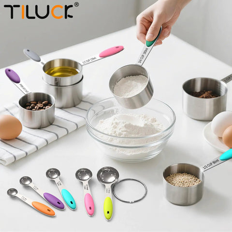 Person using stainless steel measuring cup with flour, Nesting Measuring Cups And Spoons Set Made Of Stainless Steel With Soft Silicone Handles