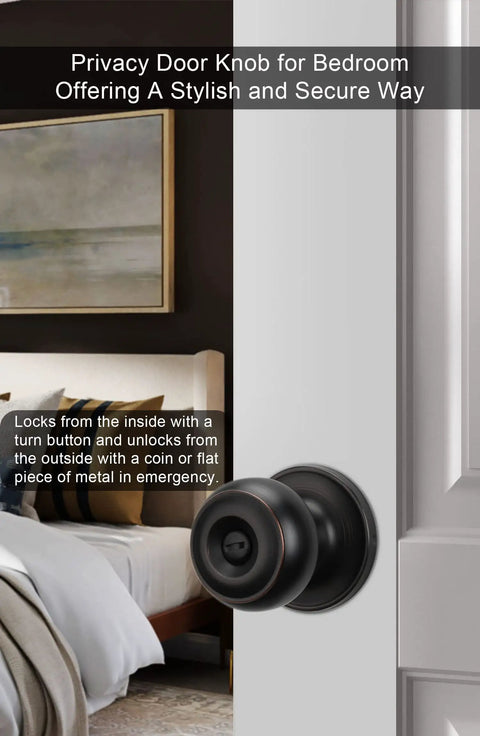 Oil-Rubbed Bronze Privacy Door Knobs For Interior Doors on bedroom door, showing keyless privacy function and matching finish.