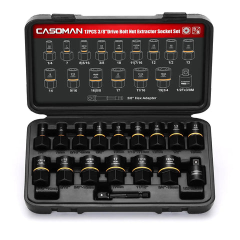17-Piece 3/8 Inch Drive Bolt Extraction Socket Set For Stripped Damaged Rusted Frozen Studs Bolts Nuts And Screws In CR-MO Steel