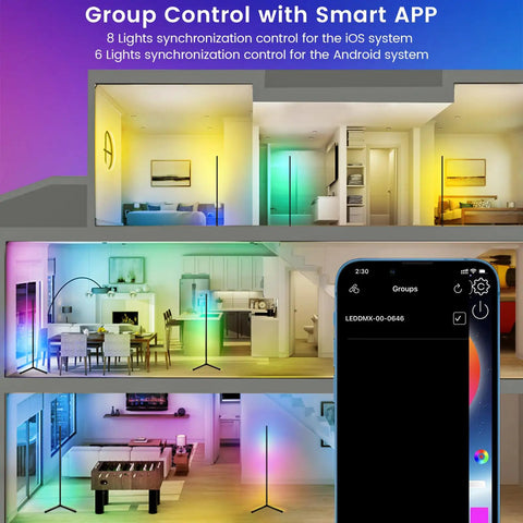 2 Pack Smart RGB Corner Floor Lamp 62.2 Inch Tall With App And Remote, Music Sync And Timer, shown controlling colorful room lighting