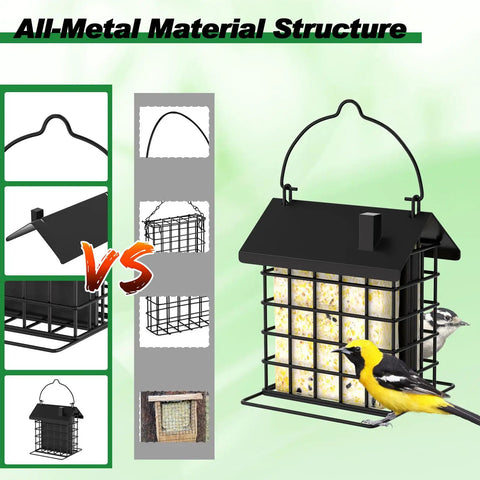 All Metal Double Suet Bird Feeder For Outdoors Hanging With Weather Resistant Roof And Perch, Durable Cage Holder For Garden