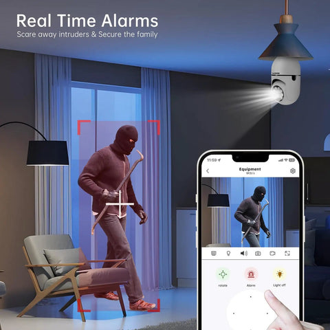 Smart Light Bulb Camera With 5G And 2.4GHz WiFi 2K Outdoor Security Motion Detection Alerts Two Way Talk Color Night Vision Human Detection Bulb Camera Compatible With Alexa demonstrating motion detection alert on phone.