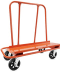Heavy Duty Drywall Sheet Cart And Panel Dolly Equipped With Four Swivel Casters Rock Solid Orange Steel Platform side view with wheels