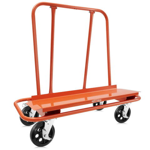 Heavy Duty Drywall Sheet Cart And Panel Dolly Equipped With Four Swivel Casters Rock Solid Orange Steel Platform side view with wheels