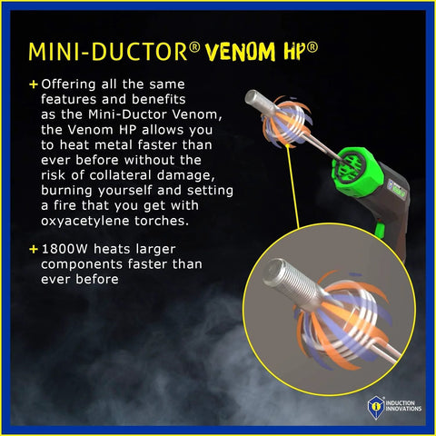 Mini-Ductor Venom HP handheld induction heater by Induction Innovations with green accent, three coils, rugged carrying case