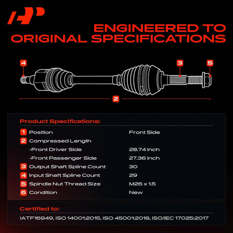 Diagram of Front CV Axle Shaft Assembly Pair for Honda Pilot 2009-2011 and Acura MDX 2007-2009 V6 with specifications.