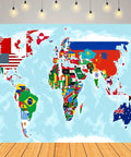 5x3ft Fabric World Map Backdrop With Flags For Parties And Classrooms, international flag decor on light blue background