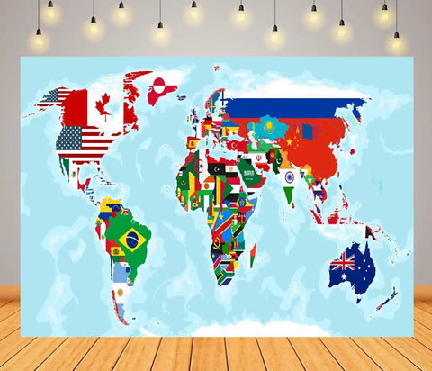 5x3ft Fabric World Map Backdrop With Flags For Parties And Classrooms, international flag decor on light blue background
