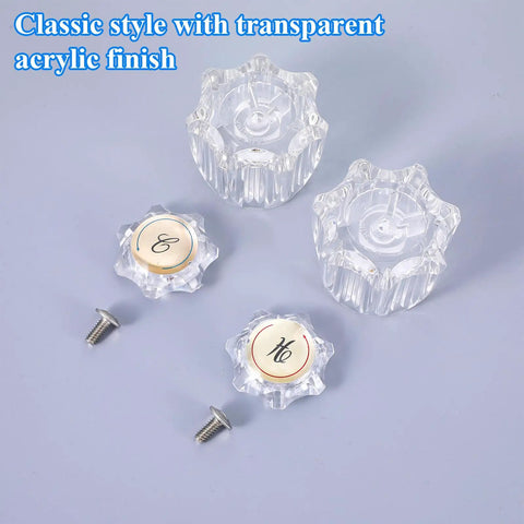 Clear Acrylic Faucet Handles Replacement Kit For D Shaped Two Handle Faucets 2 Pack with screws and index buttons visible