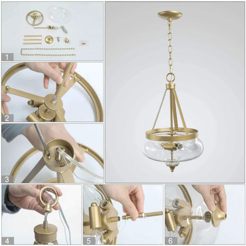 Modern Gold Glass Pendant Chandelier With Three Lights For Foyer And Dining Room, assembly and components details