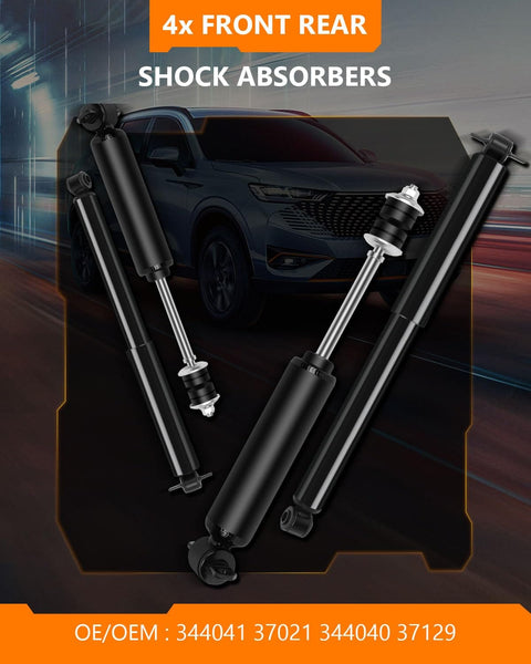 Chevy Front And Rear Shock Absorbers And Struts Replacement Set For 1995 To 2005 Chevy Blazer S10 Blazer Jimmy GMC Sonoma Isuzu Hombre 4 Piece Pack Of Shocks displayed against a car background.