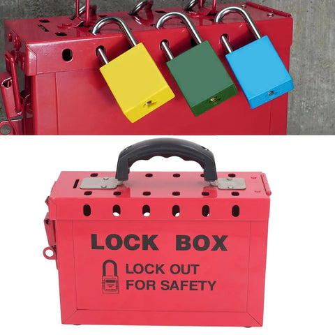 Portable Big Red Stainless Steel Lockout Tagout Box For Group Lockout Procedures with multiple colored padlocks attached.