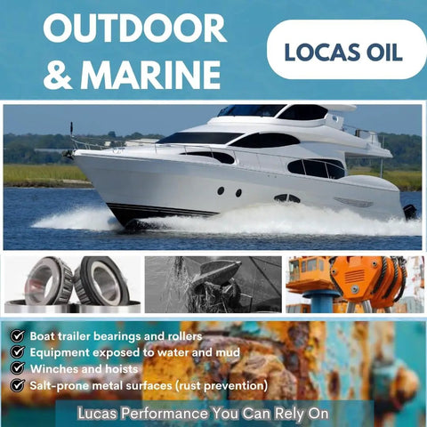 Luxurious white yacht cruising on open water with focus on Lucas Oil outdoor and marine use for bearings and equipment protection.