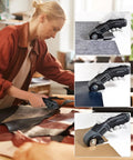 Lightweight Cordless Electric Scissors With Safety Lock For Easy Cutting Cardboard Fabric Leather Rope Plastic Carpet Perfect For Home DIY Craft Projects And General Household Tasks With Fast Usb Charging And Dual Blades Included For Efficient Workflow in use cutting leather.