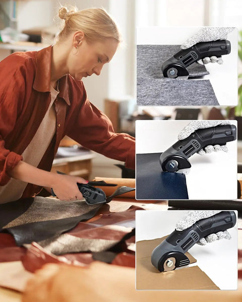 Lightweight Cordless Electric Scissors With Safety Lock For Easy Cutting Cardboard Fabric Leather Rope Plastic Carpet Perfect For Home DIY Craft Projects And General Household Tasks With Fast Usb Charging And Dual Blades Included For Efficient Workflow in use cutting leather.